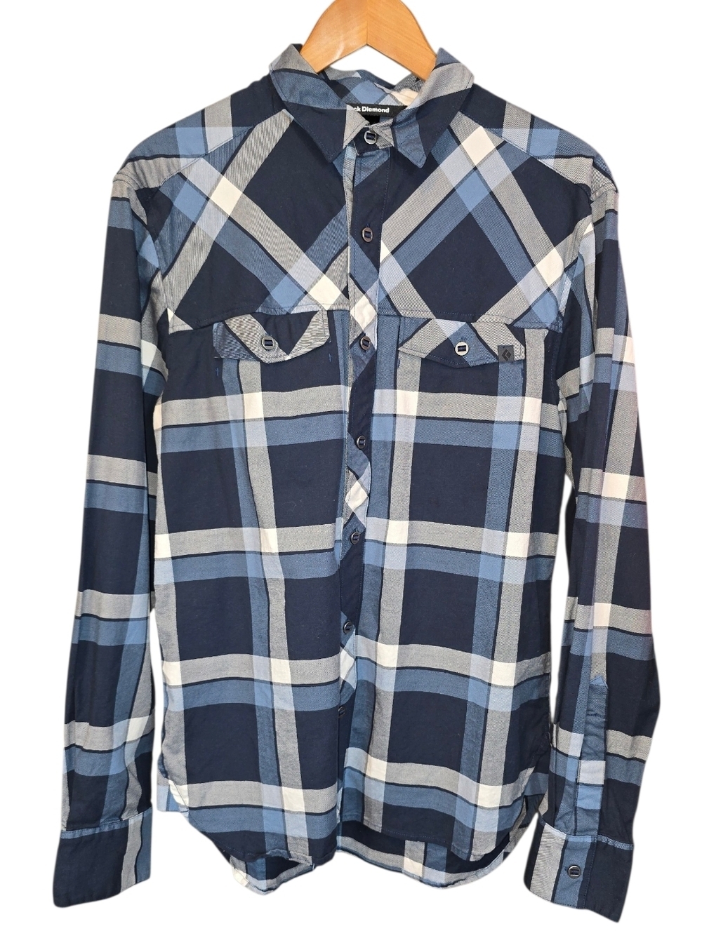 Black Diamond Plaid Button Down Shirt Organic Cotton Stretch Blue Size Medium